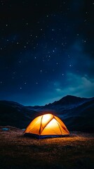 Night camping under starry mountain sky with glowing tent scene