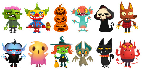 Obraz premium Cartoon set of Halloween characters design. Vector illustration of mummy zombie vampire ghost grim reaper devil werewolf witch pumpkin head