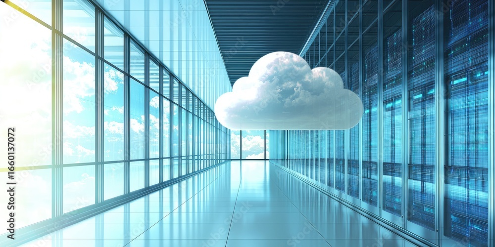 Poster corporate professionals use cloud computing solutions for data storage and collaboration in a modern