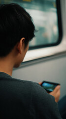 Person using foldable phone on train, focused on mobile video