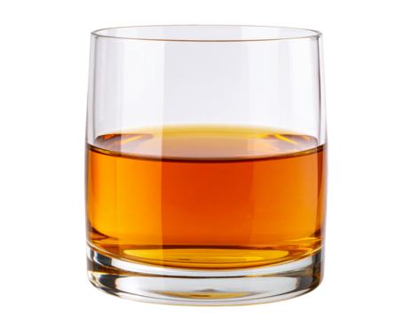 Elegant Whiskey Tumbler with Golden Drink, Side Perspective PNG