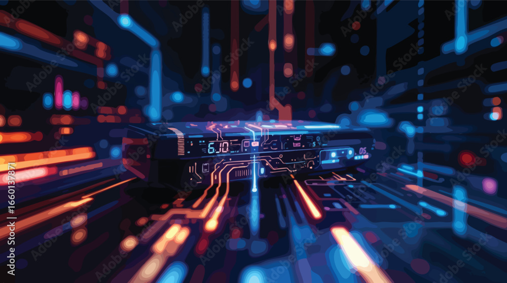 Poster futuristic electronic device with glowing circuitry and abstract background technology circuit board