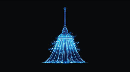 Futuristic Blue Neon Broom Sweeping Digital Particles on Black Background cleaning.