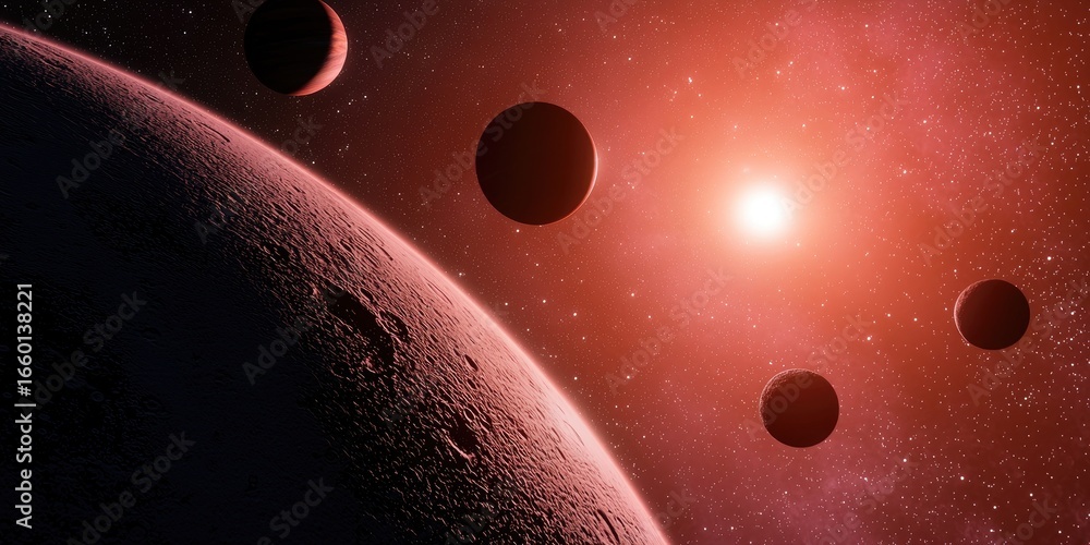 Poster a multi-planet system orbiting a distant star, showing planets of varying sizes and colors, highligh