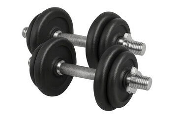 Two black dumbbells with metal grip lying on transparent background