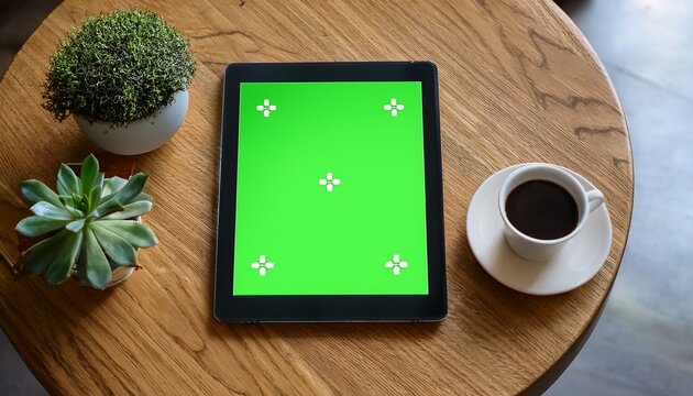 a table device with green screen representing a mockup is placed on a round wooden table along with coffee cup and flowerpot