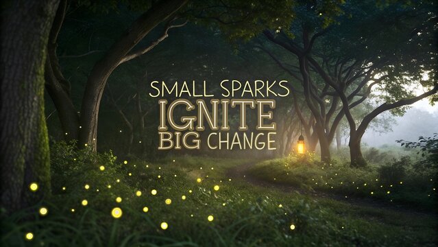 Enchanted Forest Pathway with Inspirational Message and Fireflies