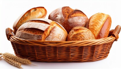 a basket of fresh bread loaves on a white isolated background warm and inviting design
