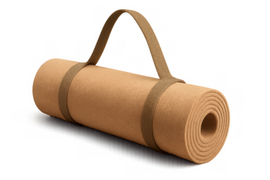 Rolled up beige yoga or fitness mat with carrying strap on transparent background