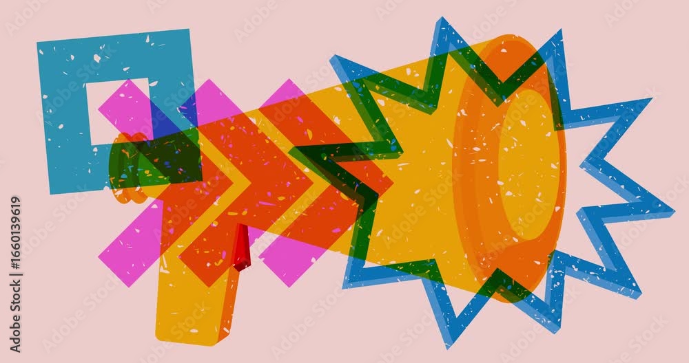 Poster risograph megaphone with geometric shapes animation. moving object in trendy riso graph design video