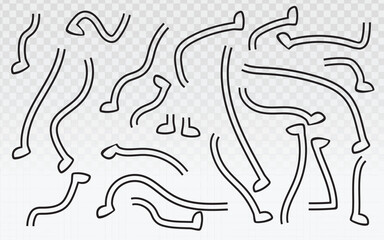 A playful collection of hand-drawn vector doodle legs with feet, presented in a clean line-art style. Ideal for adding a whimsical, quirky, or fun element to cartoon, mascot, or character designs.