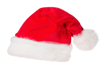A red and white santa hat with a white pom pom on top