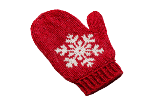 A red and white knit glove with a snowflake design