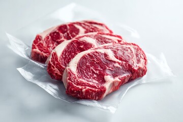Fototapeta premium Fresh raw ribeye steaks vacuum sealed on white background