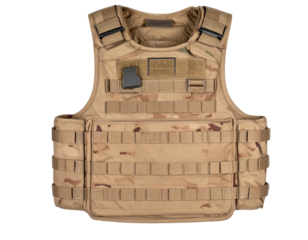 Top-Down View of Tactical Bulletproof Vest with Desert Camouflage, Transparent Background