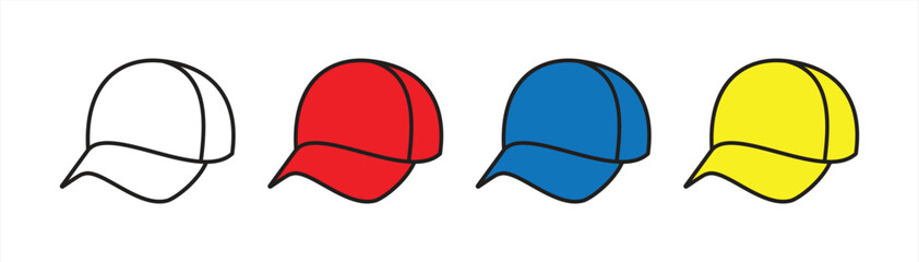 Baseball Cap Icon Set – Sport Hat in Different Colors (Red, Blue, Yellow, Outline), Fashion Headwear, Flat Vector Illustration