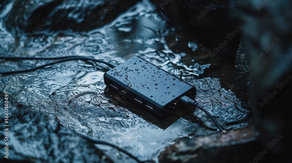 Poster a portable ssd connected with a usb-c cable, featuring a rugged and shockproof design for fast and c