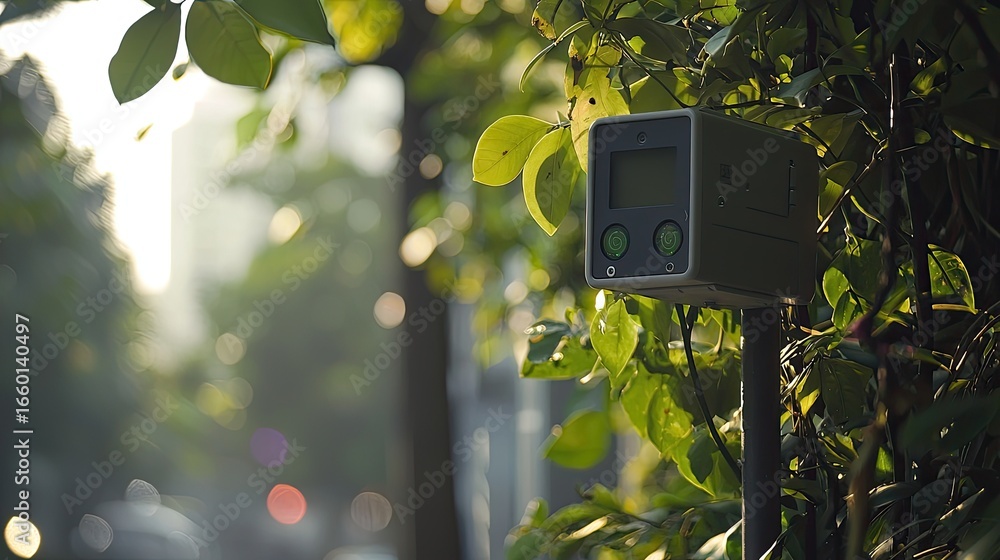 Poster focused image of an environmental sensor in a smart city, collecting data on pollution and weather t