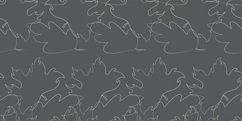 Seamless abstract pattern of horizontal maple leaf outlines in light beige on a dark grey background. Hand drawn, minimalist style, ideal for modern backgrounds, wallpapers, or textile designs.