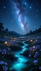 night landscape with moon and stars