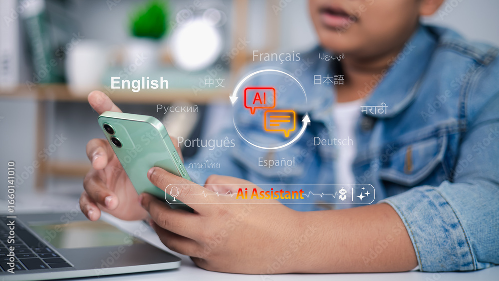 Poster language translation technology concept. person using ai assistant on smartphone for real time multi