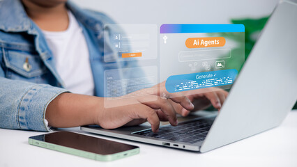 Artificial intelligence, innovation, futuristic technology, digital assistant, business and data processing concept. Person typing on laptop with holographic AI agents interface.