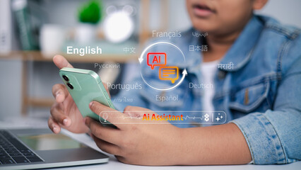 Language translation technology concept. Person using AI assistant on smartphone for real time multilingual translation. Modern technology, communication, and artificial intelligence concept.