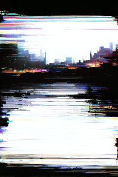 Fototapeta Digital glitch skyline over water with abstract cityscape