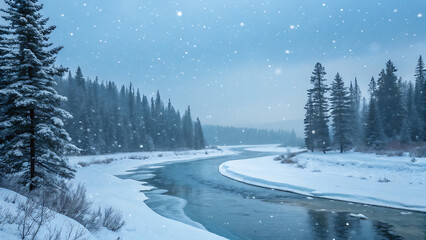 A scenic winter landscape featuring a snowcovered river flowing through a forest of pine trees on a cold, snowy day in banff national park, alberta, canada