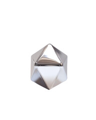 Geometric silver polygon die reflecting light with symmetrical facets