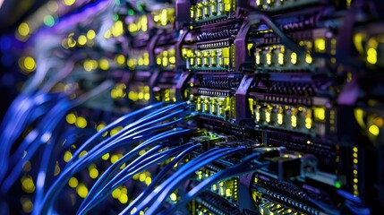 Macro image of a network server processing IoT data at high speed while ensuring secure data storage for system efficiency.