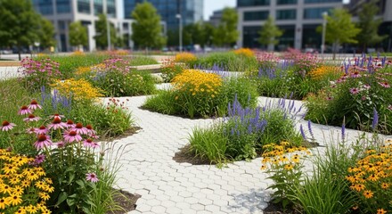 Obraz premium View of a completed rain garden featuring interconnected permeable pavement walkways and native wildflowers enhancing urban biodiversity and aesthetics.