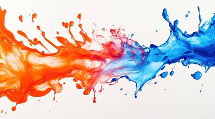 Vibrant orange and blue paint splashes on white background