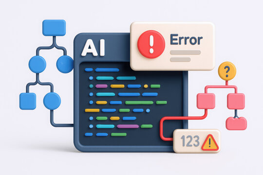 Colorful 3D illustration of an AI error message with code snippets and flowchart elements.