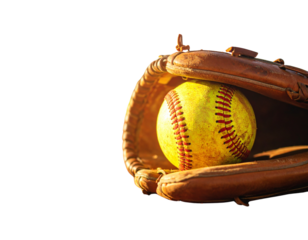 Softball Glove with Ball Resting on Dirt Field, Sunlit Realistic Illustration, Transparent Background