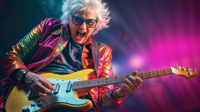 Grandma in extravagant jacket plays solo on rock guitar