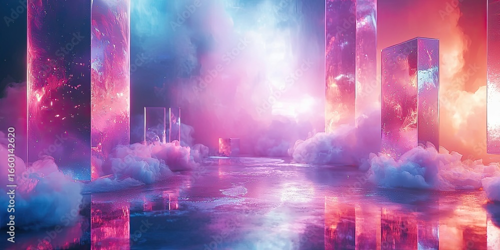 Poster this abstract scene incorporates dynamic and interactive elements into digital backgrounds, using ab