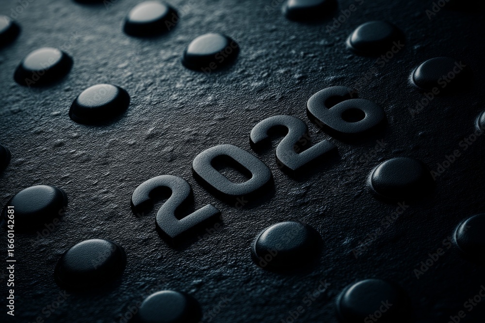 Poster the image is a close up of a black surface with the number 2026 on it