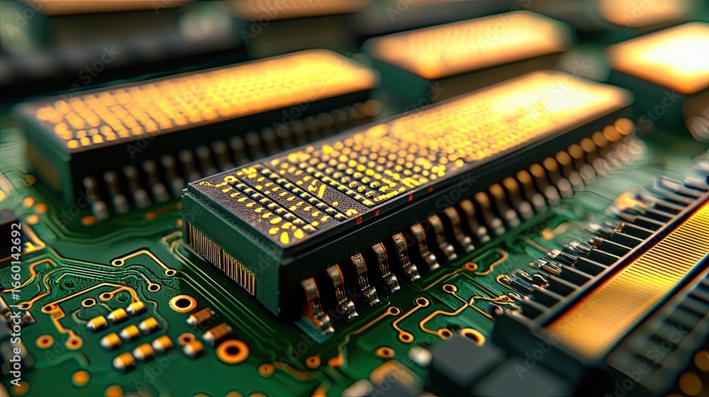 Poster macro shot of a motherboard displaying capacitors and slots, highlighting advanced engineering in a 