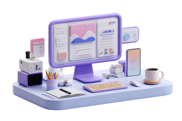 Cartoon workspace. Computer, phone, keyboard, and coffee on a desk
