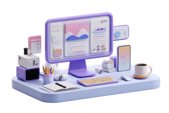 Cartoon workspace. Computer, phone, keyboard, and coffee on a desk