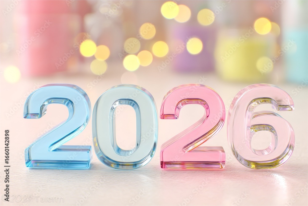 Poster colorful glass numbers representing 2026 with bokeh background