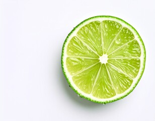 Fresh Lime Slice with Water Droplets on Pure White Background - Top Down, Hyperrealistic, Copy Space