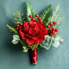 Red Carnation Boutonniere with Greenery and Berries Christmas Style