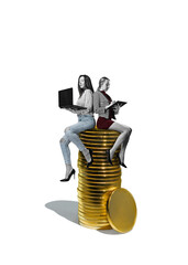 Art collage. coins stack and two businesswomen woman with lapetops, isolated on free png background...