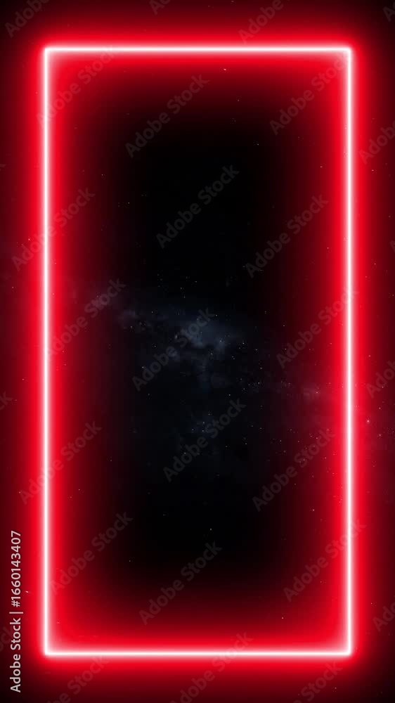 Poster glowing red rectangular neon frame against a dark starry nebula background abstract border