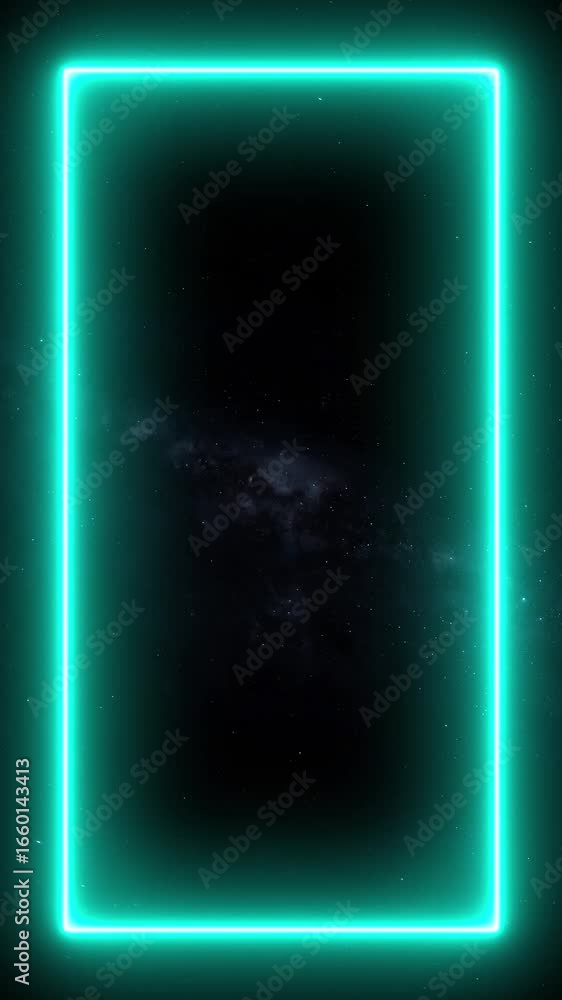 Poster bright cyan neon rectangular frame over a starry cosmic nebula abstract background