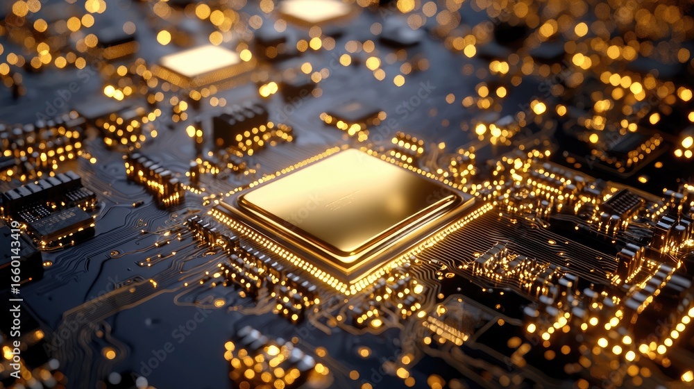 Poster detailed image of a cpu showcasing its gold pins and shiny surface, with cooling paste applied for o