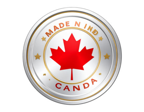 Silver and Gold Made in Canada Badge with Maple Leaf Emblem, Transparent Background PNG