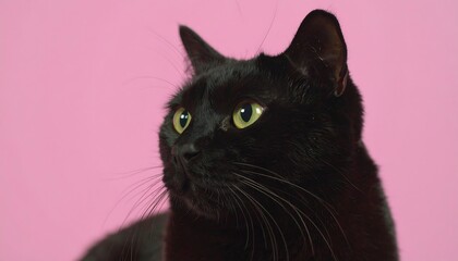 Close-up of a black cat with bright yellow eyes, set against a vibrant pink backdrop, showcasing a captivating profile view.